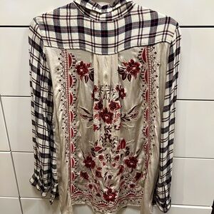 Johnny Was Workshop Cream and Red Plaid & Embroidered Silk Flannel Top Shirt